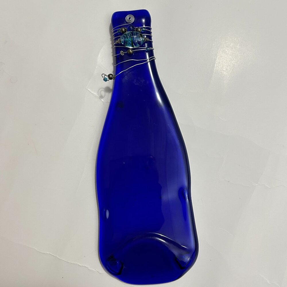 COBALT BLUE Glass Flattened Wine Bottle Utensil Spoon Rest Cheese Tray 11 X 3.5